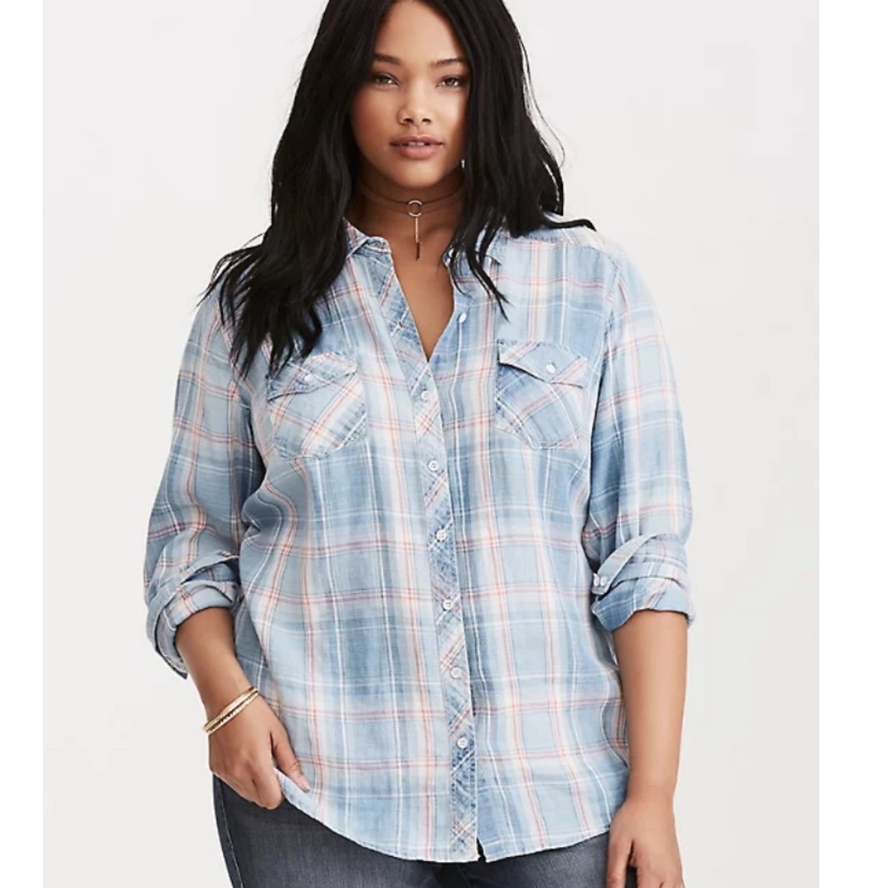 Torrid Plaid Denim Camp Shirt Soft Button Down 2
